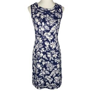 Talbots Shift Dress Blue Textured Mixed Fruit Lemon Sleeveless Size 4 Old Money